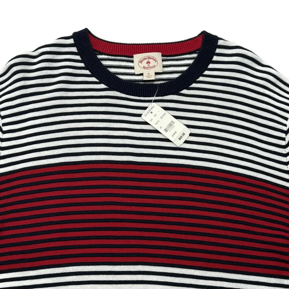 Brooks Brothers Sweater Mens XL Crewneck Red‎ Fleece Striped Pullover Cotton NWT